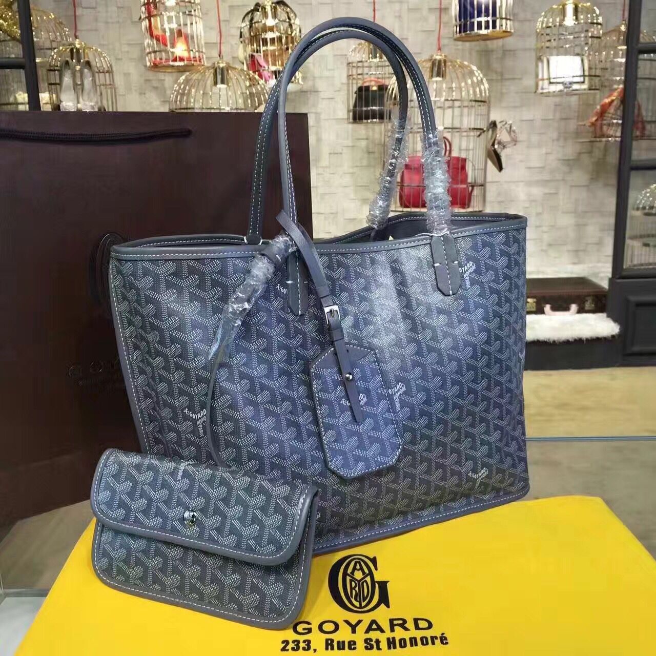 Goyard Y Doodling Calfskin Leather Tote Bag 7901 Dark Blue