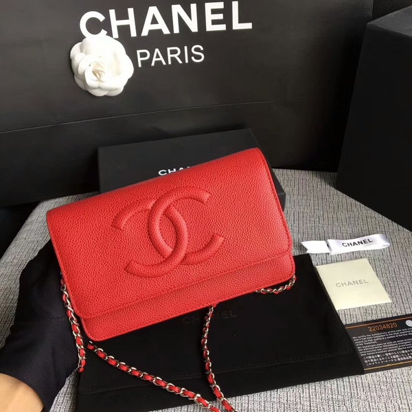 Chanel WOC Original Calfskin Leather Red Shoulder Bag 33814 Silver