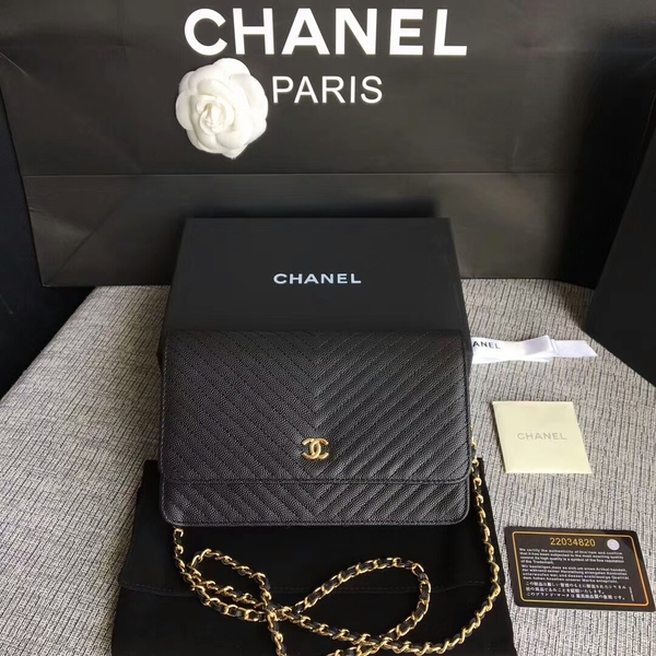 Chanel WOC Flap Shoulder Bag Black Calfskin A33814 Gold