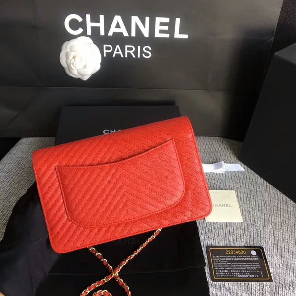 Chanel WOC Flap Shoulder Bag Red Calfskin Leather A33814 Gold