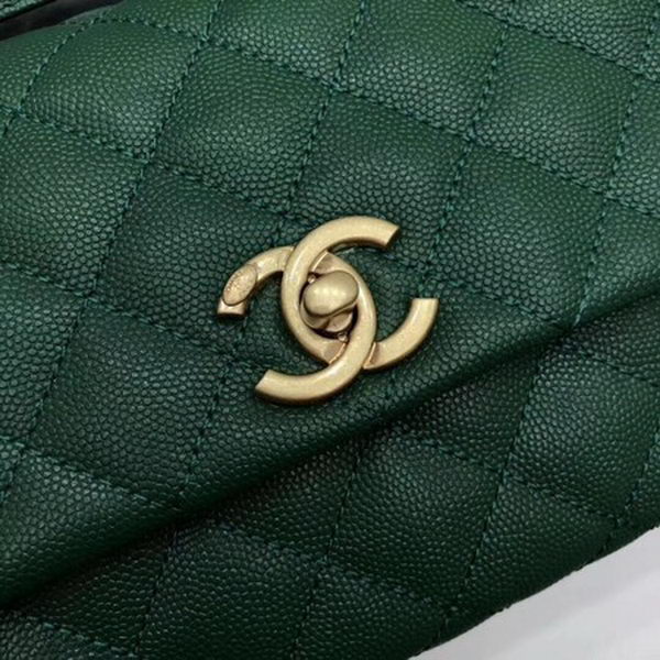 Chanel Classic Top Handle Bag Green Cannage Pattern A92290 Gold