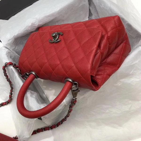 Chanel Classic Top Handle Bag Red Cannage Pattern A92290 Silver