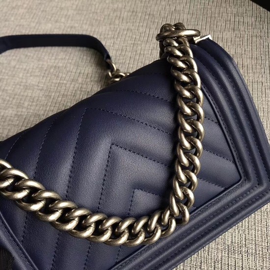 Chanel Le Boy Flap Shoulder Bag Original Calf leather A67085 dark blue silver Buckle