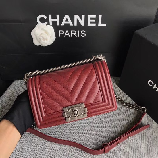 Chanel Le Boy Flap Shoulder Bag Original Caviar Leather P67085 Deep red silver Buckle