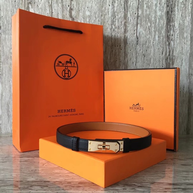 Hermes original epsom leather Kelly belt H069854 black gold plated metal