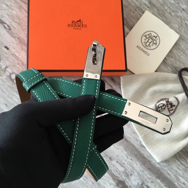 Hermes original epsom leather Kelly belt H069854 green silver plated metal