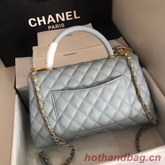 Chanel original Caviar leather flap bag top handle A92292 light blue&Gold-Tone Metal