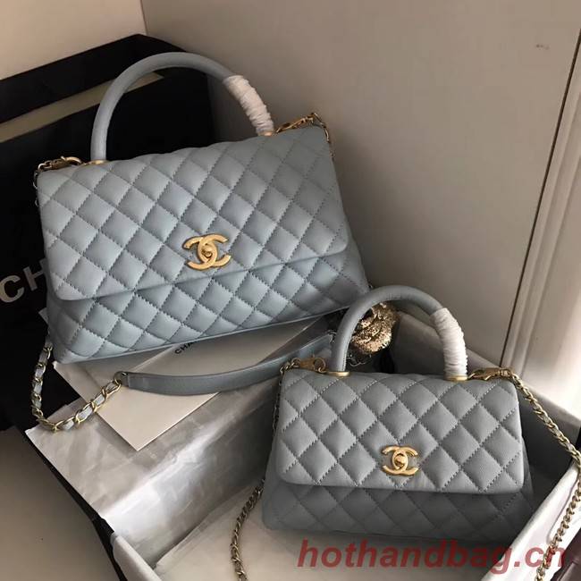 Chanel original Caviar leather flap bag top handle A92290 light blue&Gold-Tone Metal