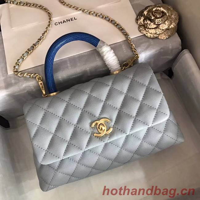 Chanel original Caviar leather flap bag top handle B92292 light blue&Gold-Tone Metal