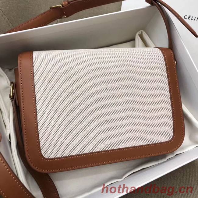 CELINE LARGE TRIOMPHE BAG IN TEXTILE AND NATURAL CALFSKIN 18887 TAN & WHITE