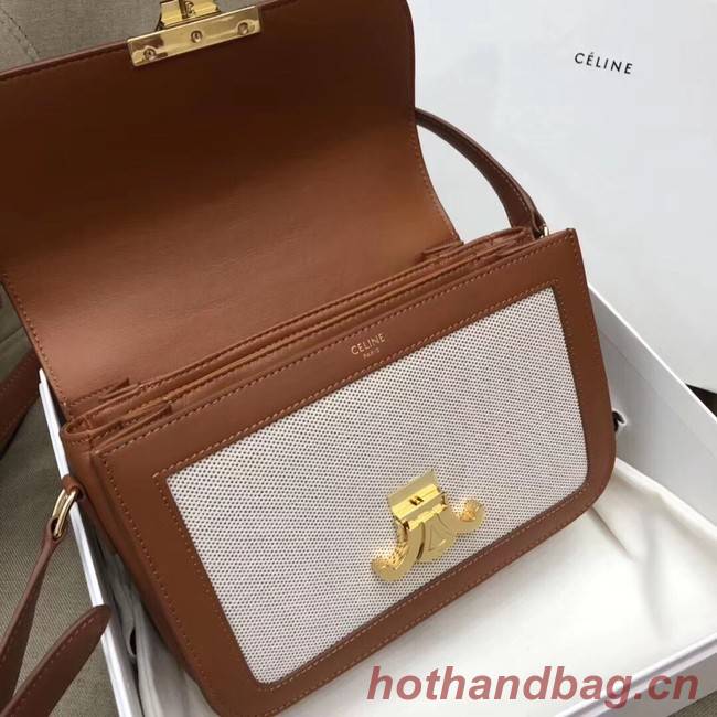 CELINE LARGE TRIOMPHE BAG IN TEXTILE AND NATURAL CALFSKIN 18887 TAN & WHITE