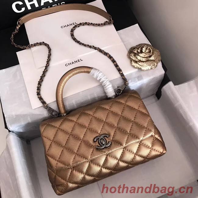 Chanel original Caviar leather flap bag top handle A92290 bronze&silver-Tone Metal