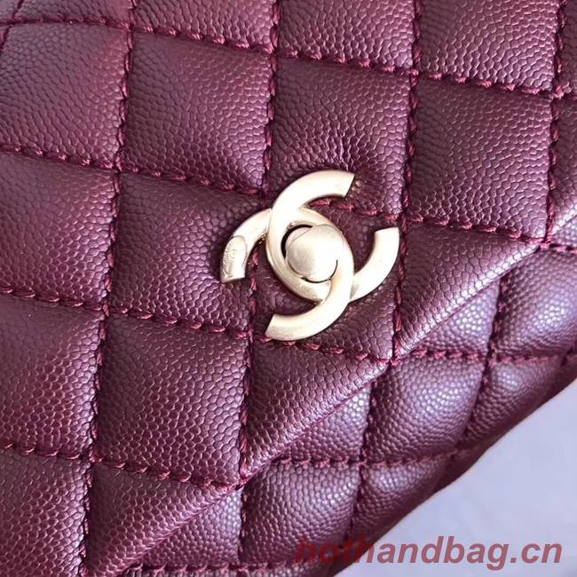 Chanel original Caviar leather flap bag top handle A92290 purple&Gold-Tone Metal