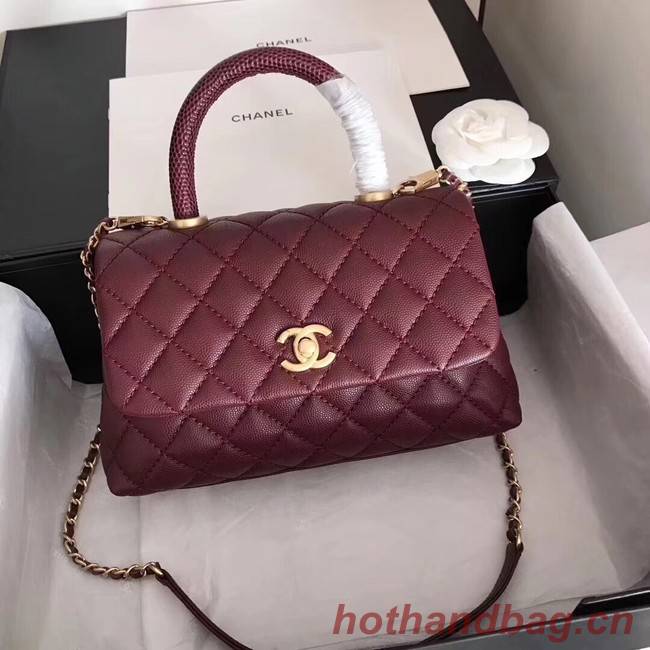 Chanel original Caviar leather flap bag top handle A92290 purple&Gold-Tone Metal