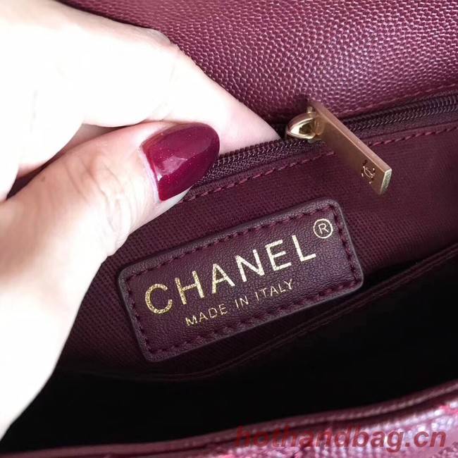 Chanel original Caviar leather flap bag top handle A92290 purple&Gold-Tone Metal