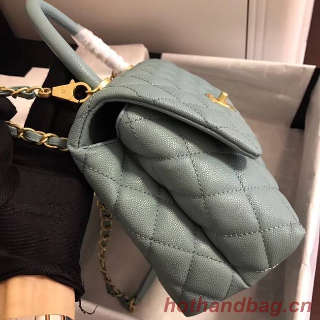 Chanel original Caviar leather flap bag top handle A92290 green &gold-Tone Metal