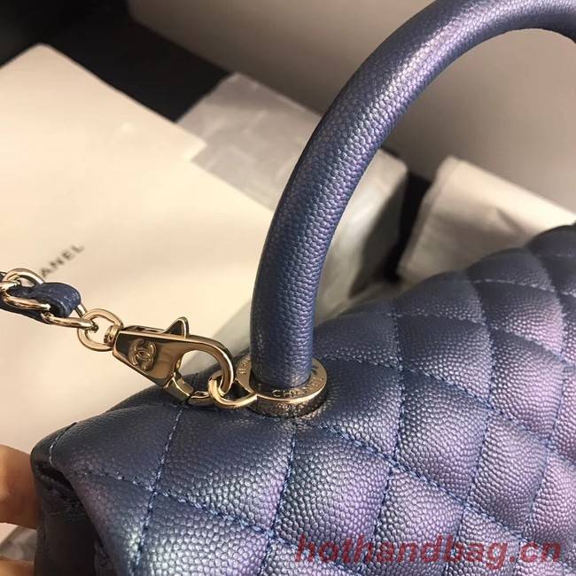 Chanel original Caviar leather flap bag top handle A92292 blue&Gold-Tone Metal