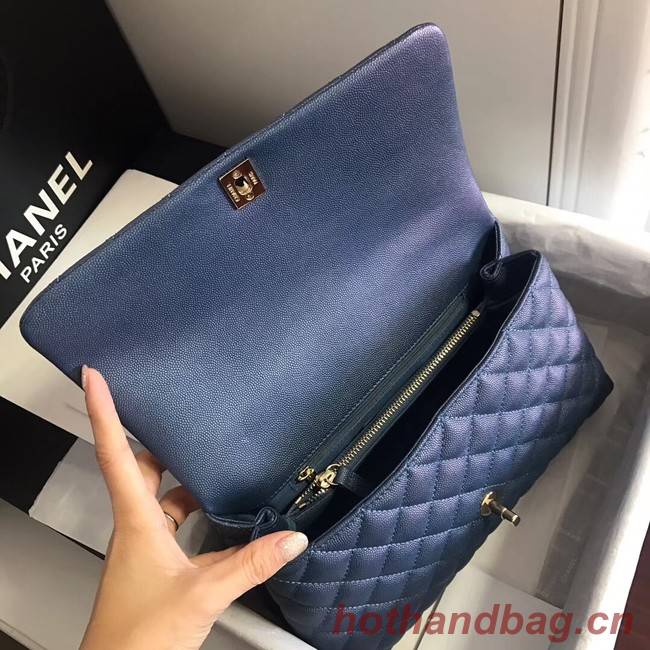 Chanel original Caviar leather flap bag top handle A92292 blue&Gold-Tone Metal