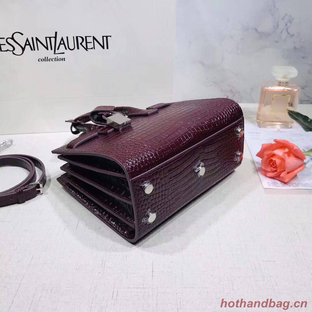 SAINT LAURENT Crocodile-Embossed Leather Organ Bag 392035 Wine
