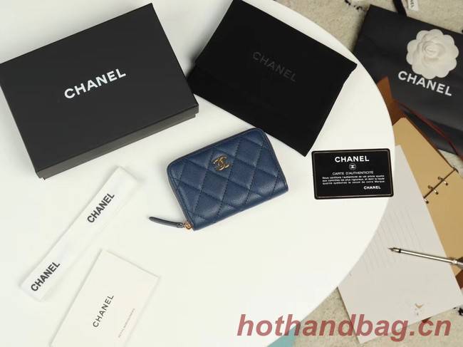 Chanel classic card holder Grained Calfskin & Gold-Tone Metal A69271 dark Blue