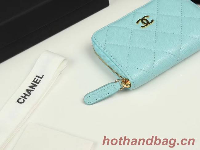 Chanel classic card holder Grained Calfskin & Gold-Tone Metal A69271 sky Blue