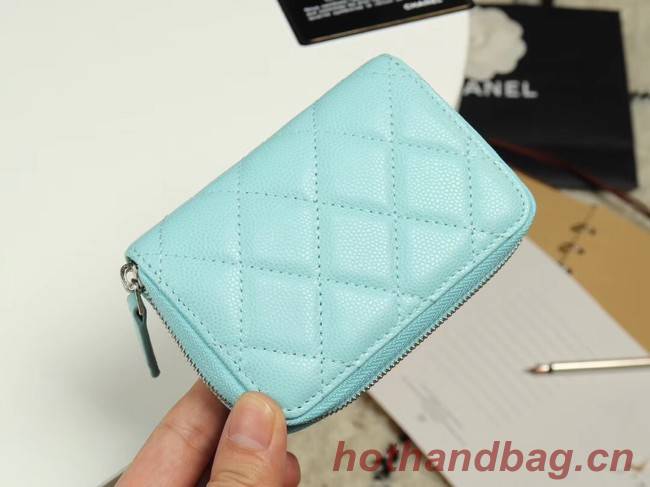 Chanel classic card holder Grained Calfskin & silver-Tone Metal A69271 sky Blue