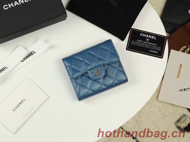 Chanel Calfskin Leather wallet & Gold-Tone Metal A82288 blue