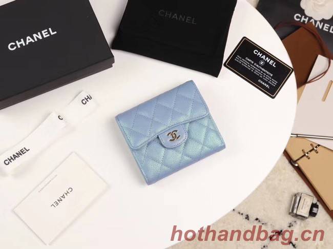 Chanel Calfskin Leather wallet & Gold-Tone Metal A82288 light blue