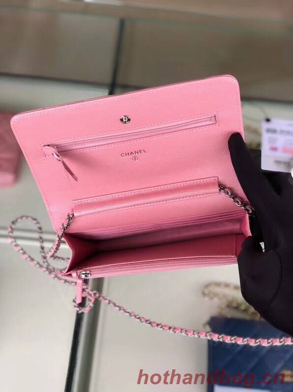 Chanel classic wallet on chain Grained Calfskin & Silver-Tone Metal 33814 Pearlescent Pink