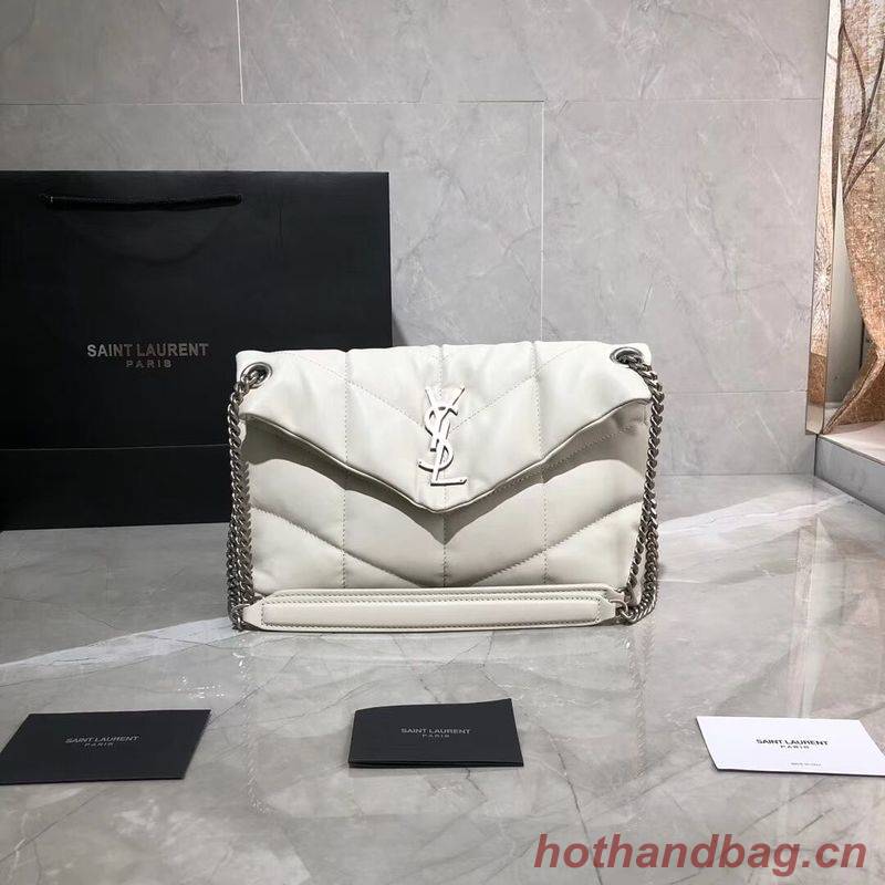 Yves Saint Laurent LOULOU PUFFER SMALL BAG IN QUILTED CRINKLED MATTE LEATHER Y577476 White