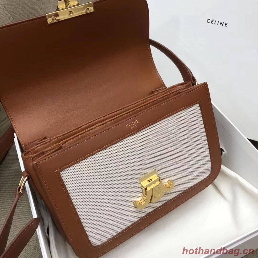 CELINE LARGE TRIOMPHE BAG IN TEXTILE AND NATURAL CALFSKIN 18887 Brown