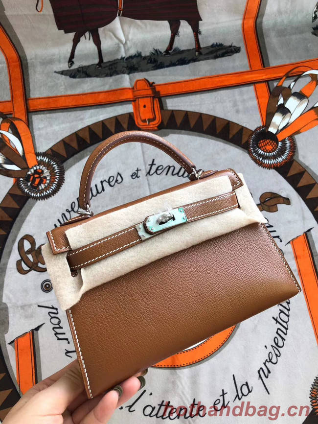 Hermes original mini Kelly chevre mysore K19CM brown&silver Metal