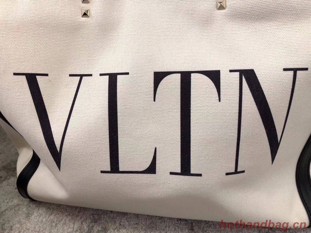 VALENTINO Rockstud Canvas Shopping Bag V0978 Wihte&Black