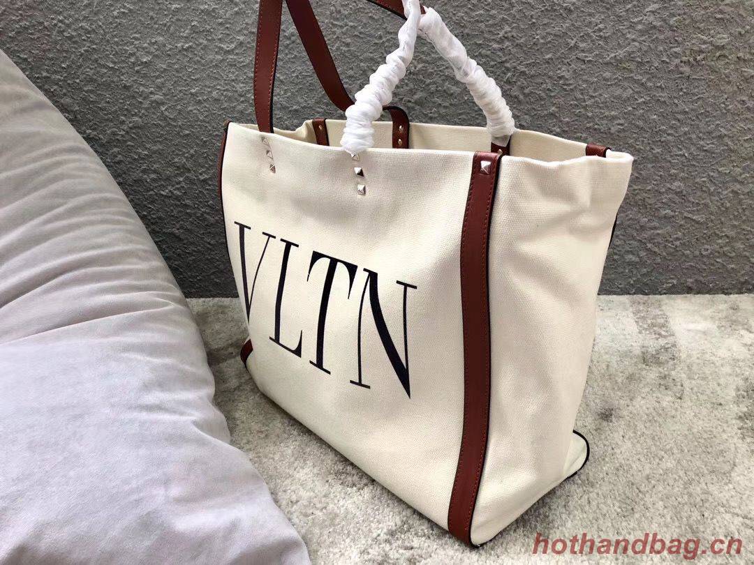 VALENTINO Rockstud Canvas Shopping Bag V0978 Wihte&Wine