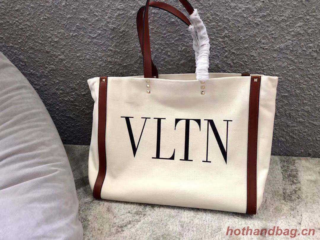 VALENTINO Rockstud Canvas Shopping Bag V0978 Wihte&Wine