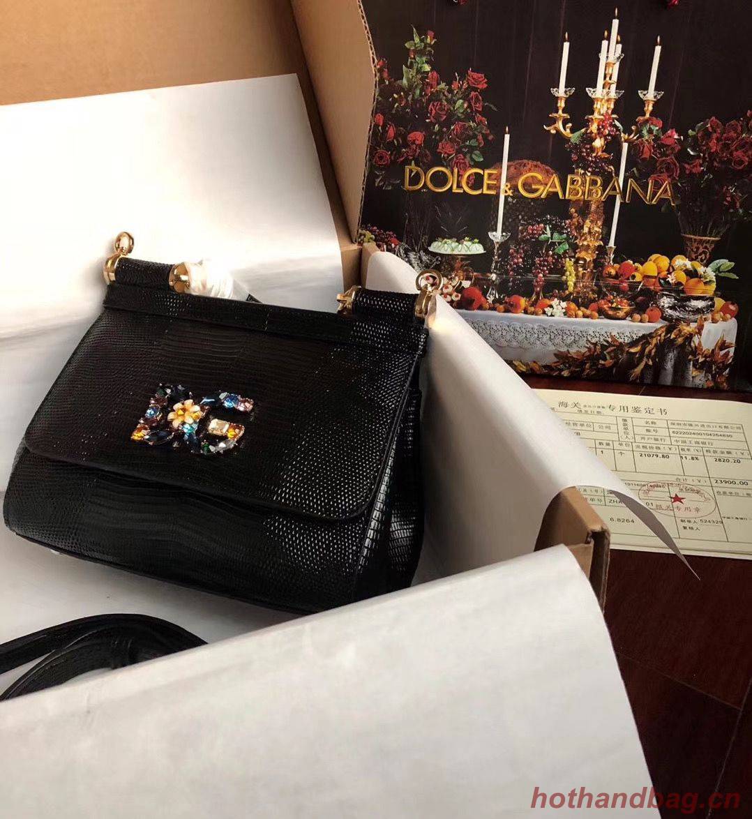 Dolce & Gabbana Origianl Lizard Leather Flower Logo Bag BB4137 Black