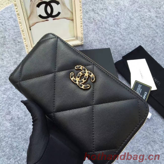 CHANEL 19 sheepskin & Gold-Tone Metal Wallet AP1063 black