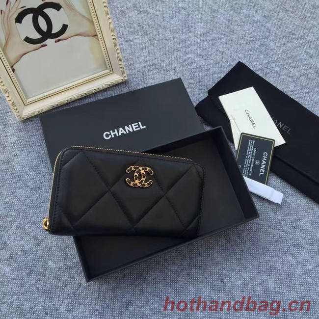 CHANEL 19 sheepskin & Gold-Tone Metal Wallet AP1063 black