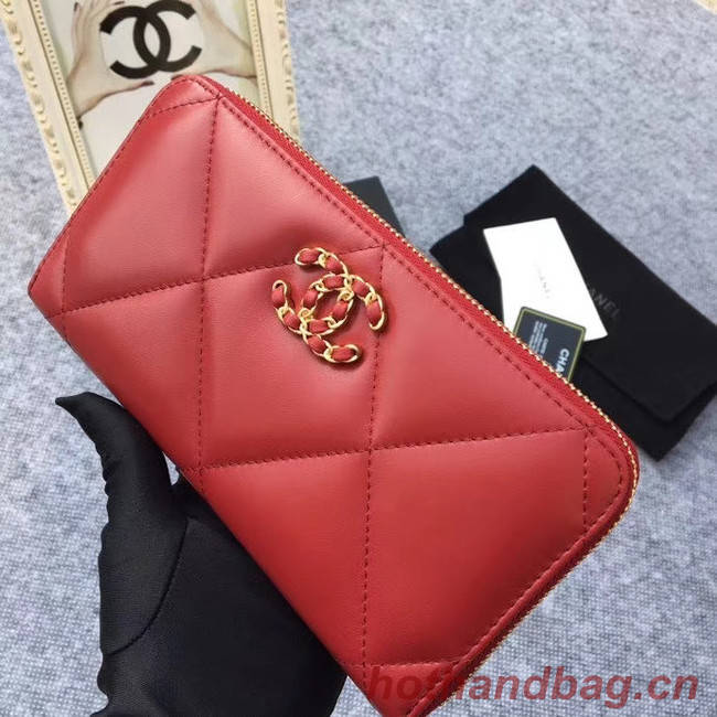 CHANEL 19 sheepskin & Gold-Tone Metal Wallet AP1063 Burgundy