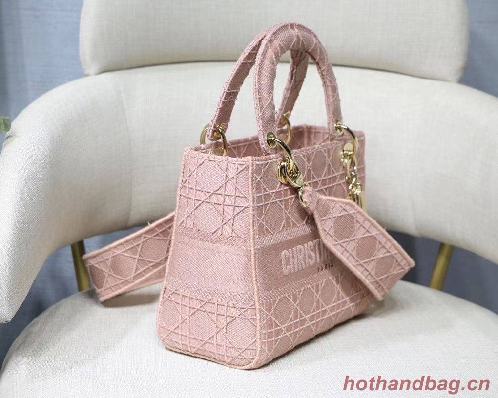 LADY DIOR TOTE BAG IN EMBROIDERED CANVAS C4532 pink Gold Hardware