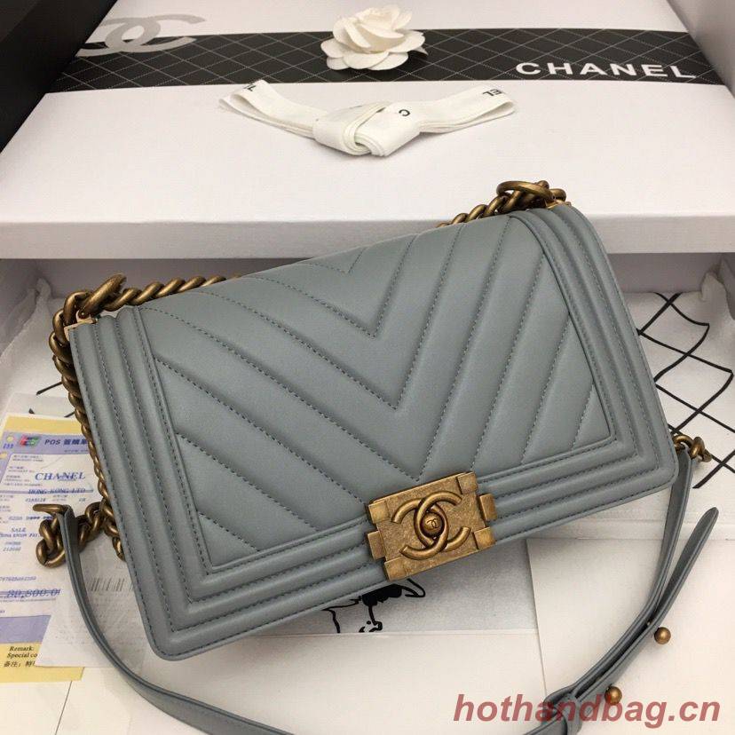 Boy Chanel Flap Bag Original Chevron Leather Gray A67086V Bronze Buckle