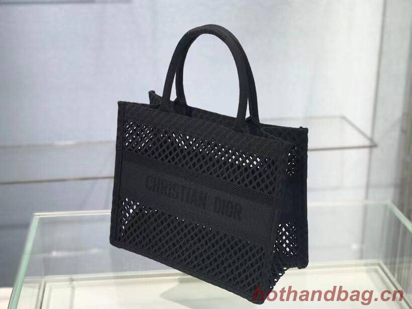 SMALL DIOR BOOK TOTE Black Mesh Embroidery M1296Z