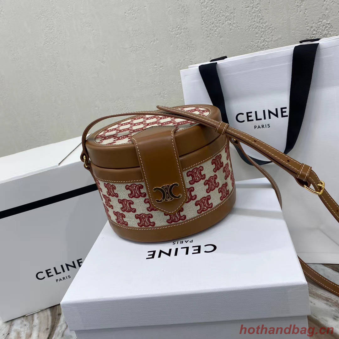 CELINE MEDIUM TAMBOUR BAG IN TEXTILE WITH TRIOMPHE EMBROIDERY 195192 brown&red