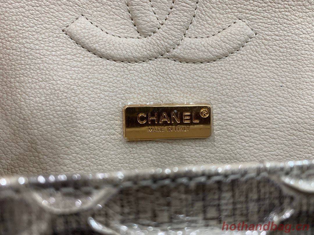 Chanel Classic Handbag Python Leather Silver A01112 Gold Hardware