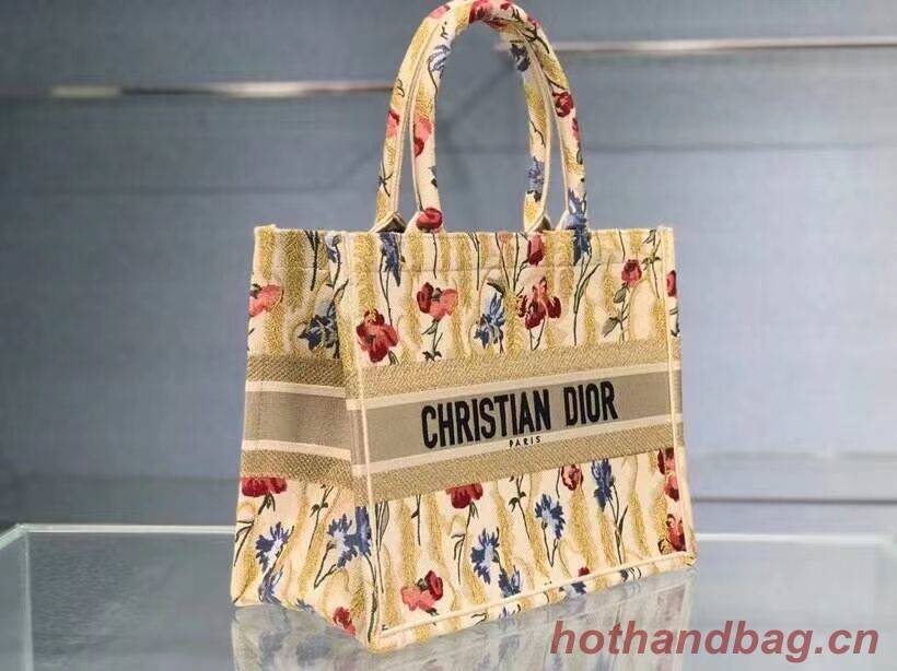 SMALL DIOR BOOK TOTE Beige Multicolor Dior Hibiscus Metallic Thread Embroidery M1296