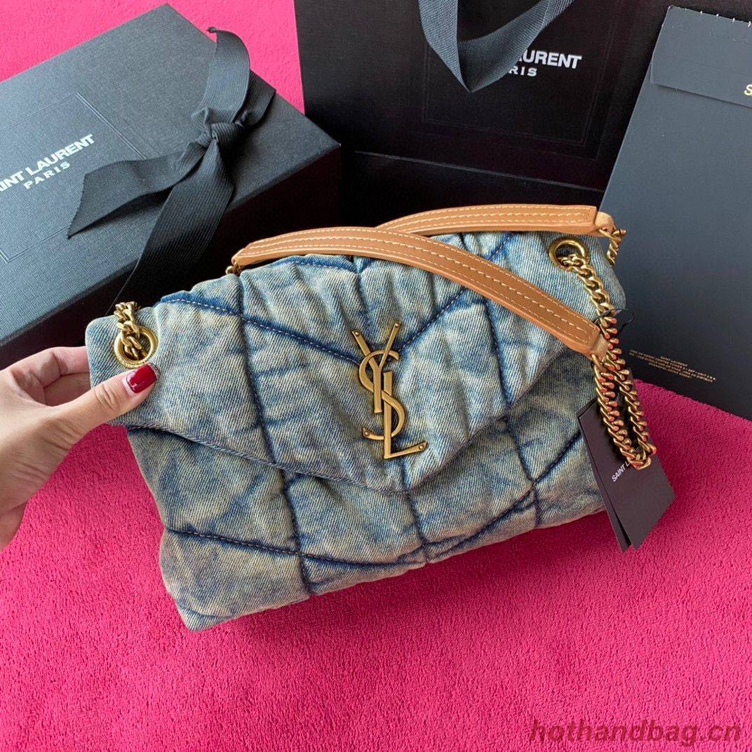 Yves Saint Laurent PUFFER SMALL BAG IN QUILTED VINTAGE DENIM AND SUEDE Y577476 Blue