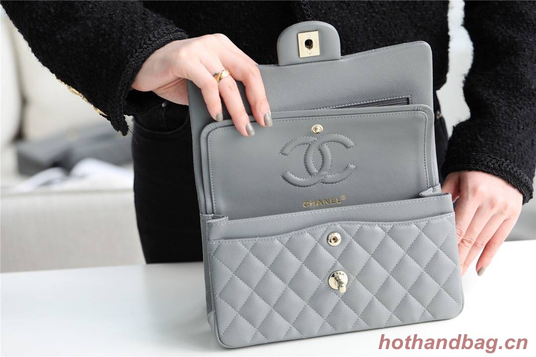 Chanel Small Classic Handbag Grained Calfskin & silver-Tone Metal A01113 grey