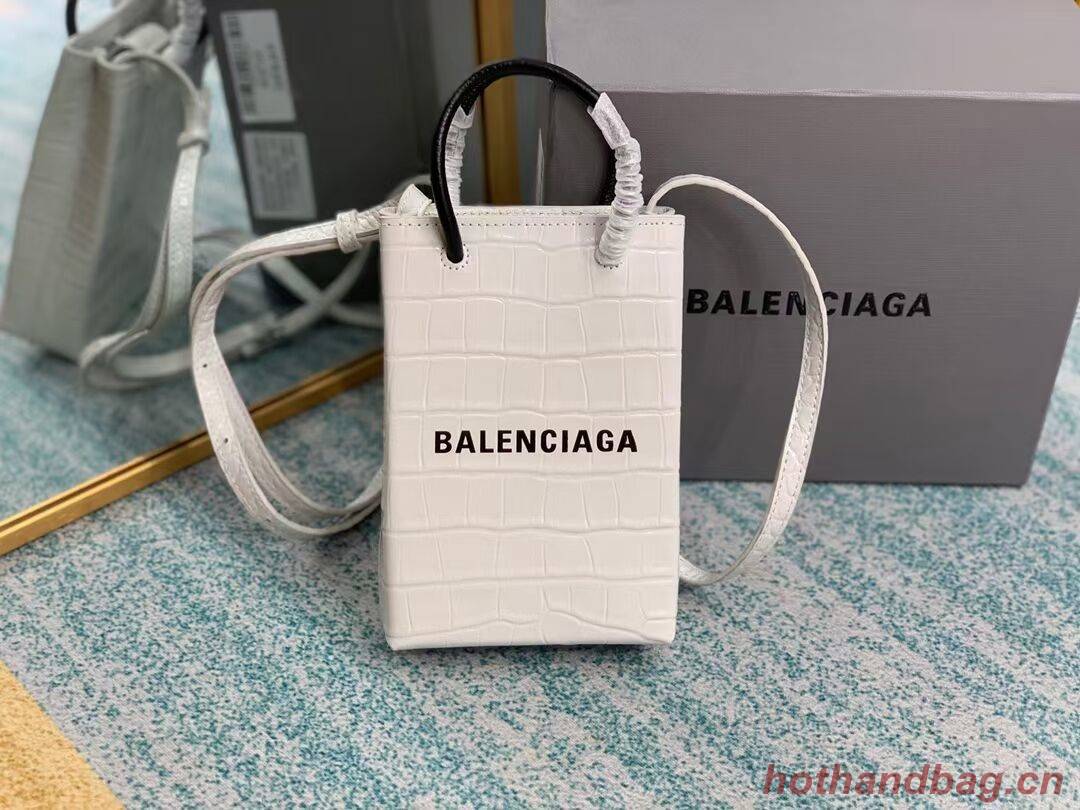 Balenciaga Original shiny crocodile embossed leather Mini Shopper Bag B152865 white