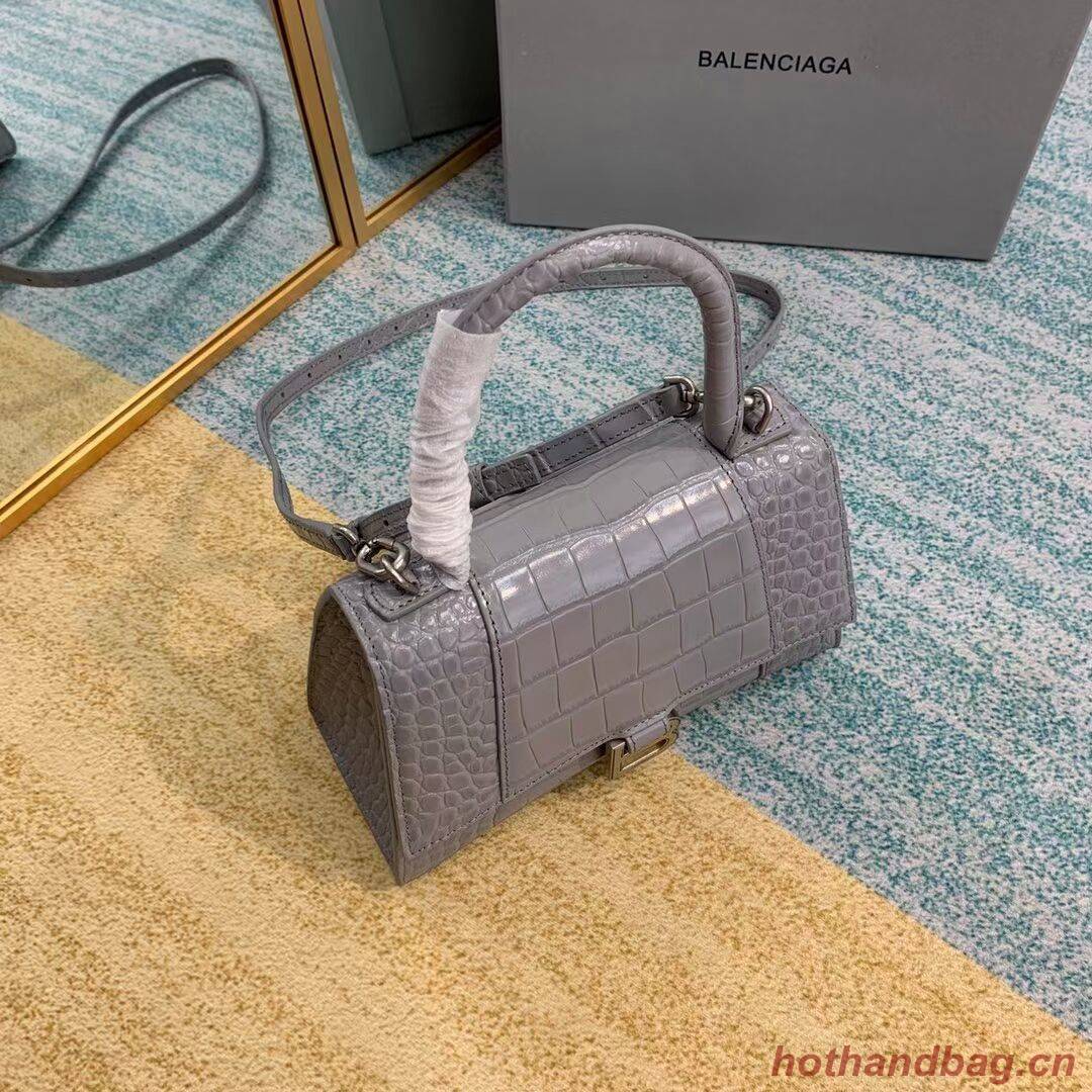 Balenciaga HOURGLASS SMALL TOP HANDLE BAG crocodile embossed calfskin B108895E grey