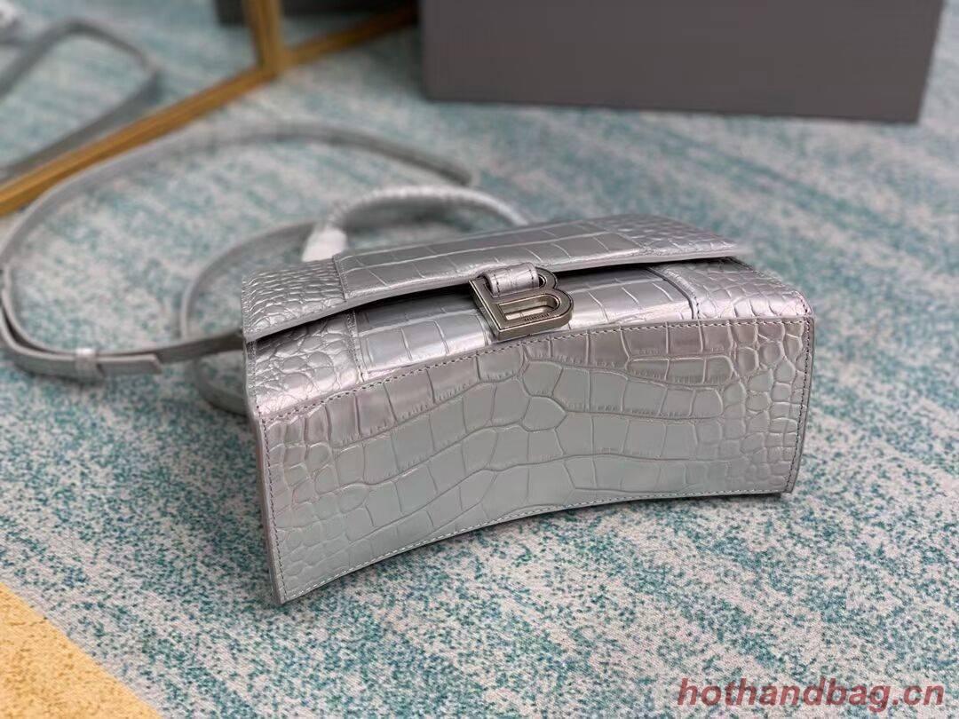 Balenciaga HOURGLASS SMALL TOP HANDLE BAG crocodile embossed calfskin B108895E silver